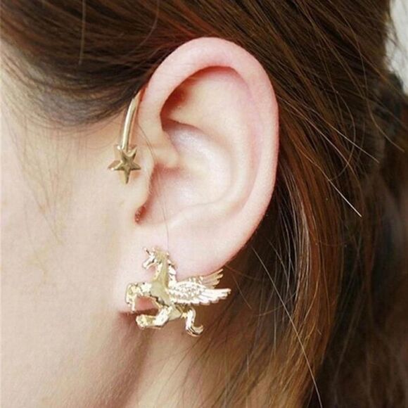 𝅺SINGLE Golden Left Ear Unicorn Stud Wrap Earring - Picture 1 of 5